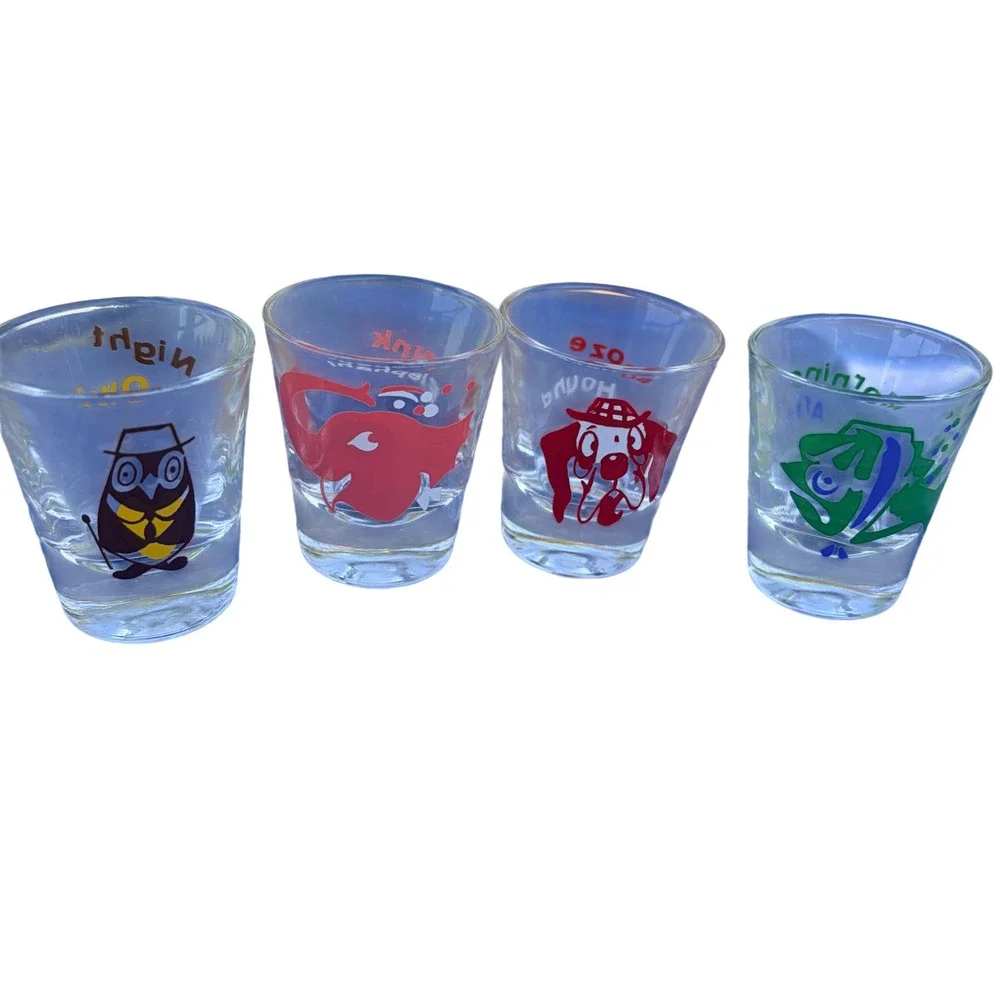 Vintage Style Novelty Shot Glass Set of 4 Pink Elephant Booze Hound Night Owl